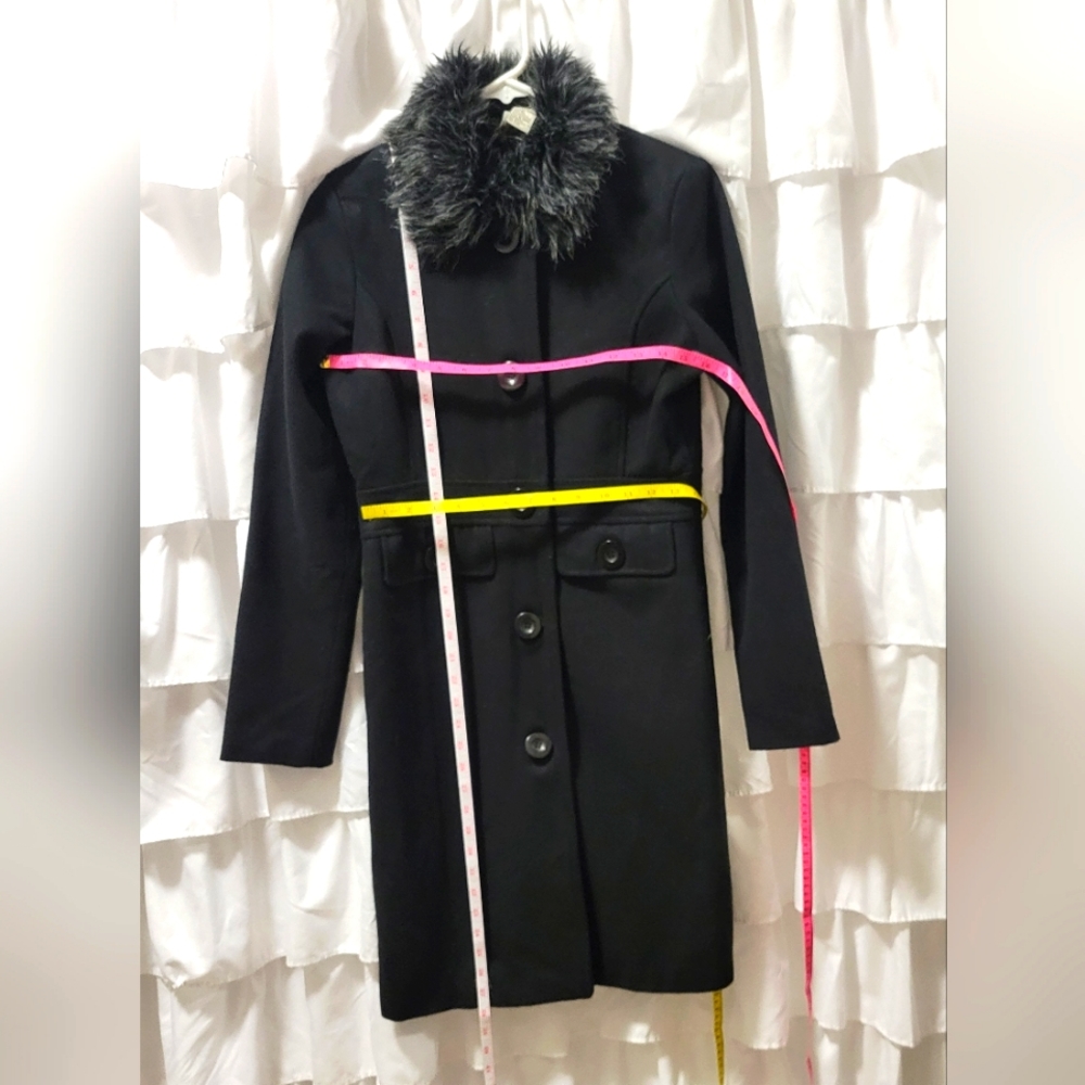 Voice  Long Wool Coat Faux Fur Collar Button Up Fully Lined - Picture 11 of 16
